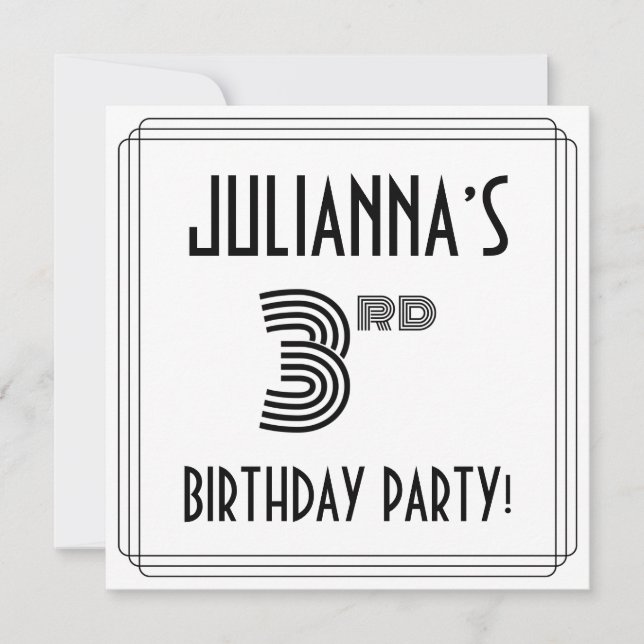 Art Deco Inspired 3rd Birthday Party, Custom Name Invitation (Front)