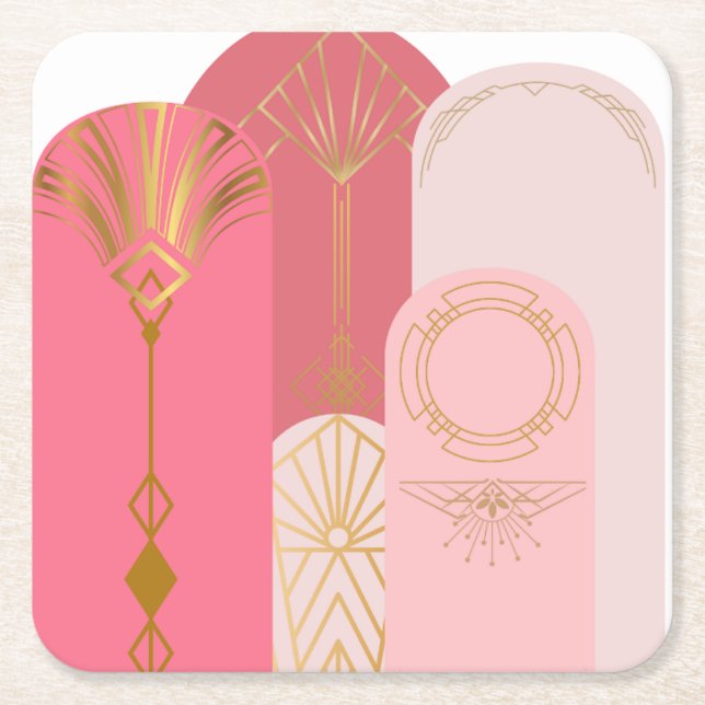 Art-Deco Inspired Pink hues send gold Square Paper Coaster (Front)