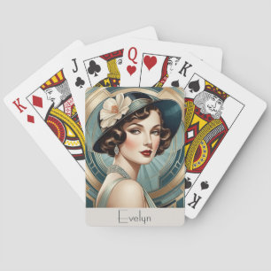 Art Deco Inspired Retro Lady Portrait Personalised Playing Cards