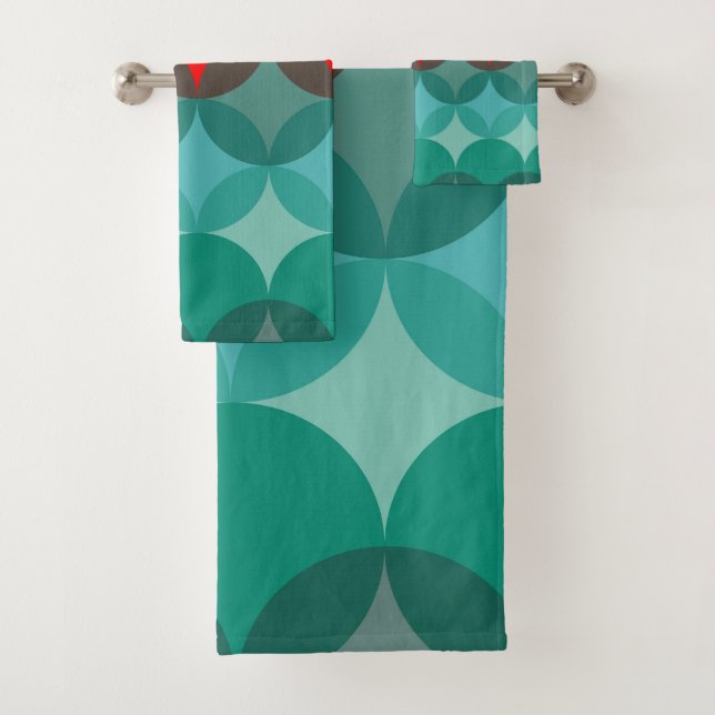 art deco inspired teal & red abstract bath towel set (Insitu)