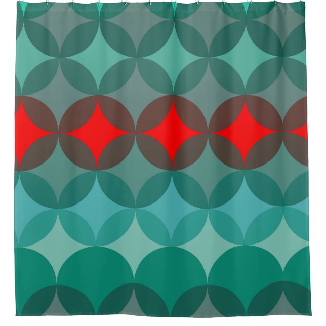 art deco inspired teal & red abstract shower curtain (Front)