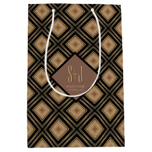 Art Deco Inspo Gold Brown Black Geometric Pattern Medium Gift Bag