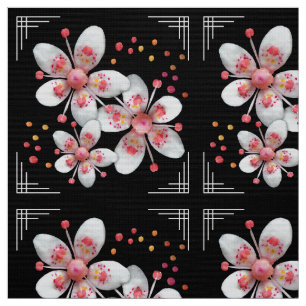 Art Deco-ish Apple Blossoms - White, Pink on Black Fabric
