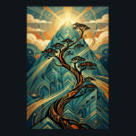 Art Deco Japanese Bonsai Mountain Gold Teal Poster<br><div class="desc">Experience the serene beauty of nature through a lens of 1920s luxury. This stunning illustration features a graceful, winding Bonsai tree silhouette with stylised pine clouds, set against a majestic geometric mountain peak. Bathed in a radiant golden sunburst with flowing teal and orange light trails, this piece perfectly blends Japanese...</div>
