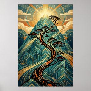 Art Deco Japanese Bonsai Mountain Gold Teal Poster