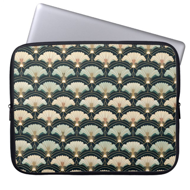 Art Deco Japanese Gold Teal Fans Laptop Sleeve  (Front)