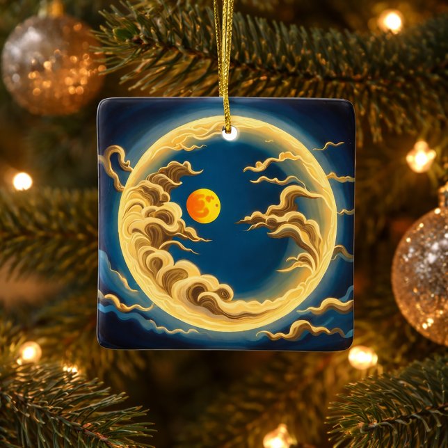 "Art Deco Japanese-Inspired Full moon and clouds Ceramic Ornament (Creator Uploaded)