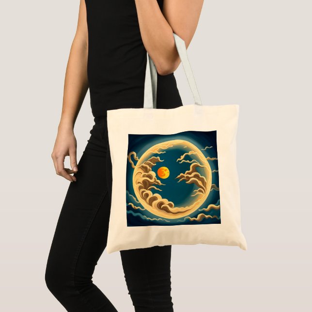 "Art Deco Japanese-Inspired Full moon and clouds Tote Bag (Front (Product))