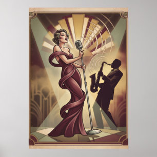 Art Deco Jazz Singer and Saxophonist Art Poster