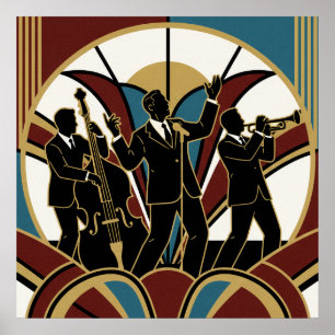 Art Deco Jazz Trumpet Sunburst Poster   Golden