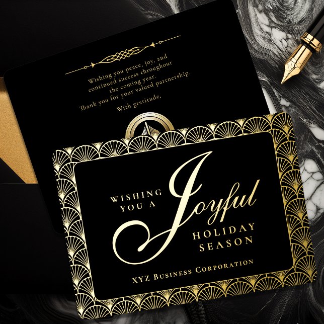 Art Deco Joyful Business Gold Foil  (Elegant Wishing You a Joyful Holiday Season Art Deco Script Black Gold Foil Business Corporate Card)