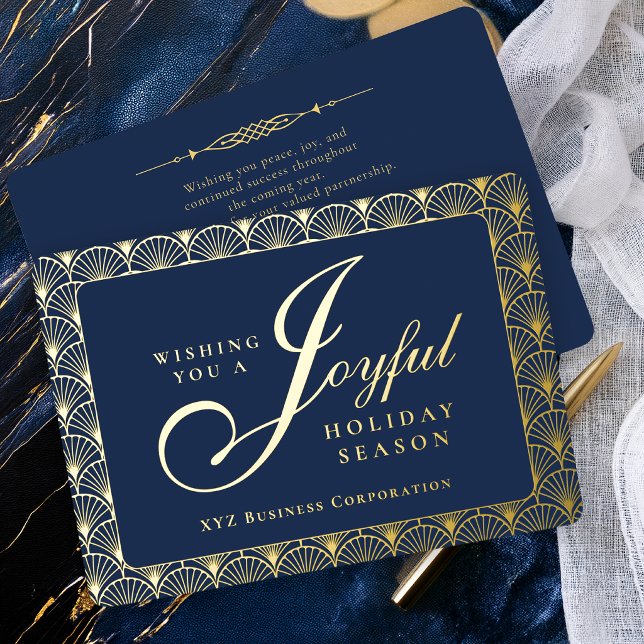 Art Deco Joyful Navy Corporate Business  (Elegant Joyful Holiday Season Art Deco Script Design Navy Gold Foil Business Corporate Holiday Card)