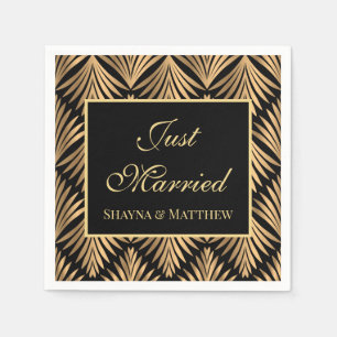 Art Deco Just Married Floral Gatsby Black Gold Napkin