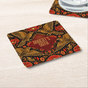 Art Deco Kestrels & Poppies Bold Personalised Square Paper Coaster