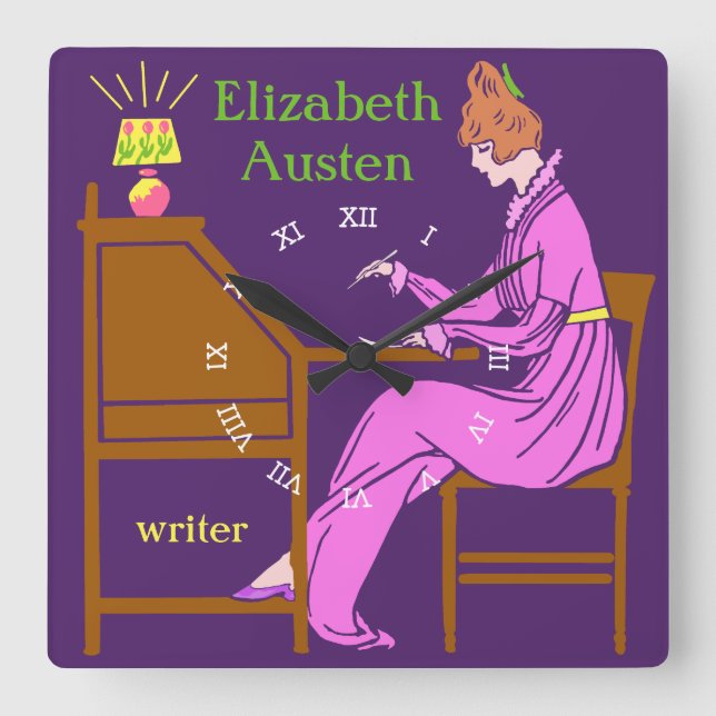 Art Deco Lady Author at Writing Desk in Pink Square Wall Clock (Front)