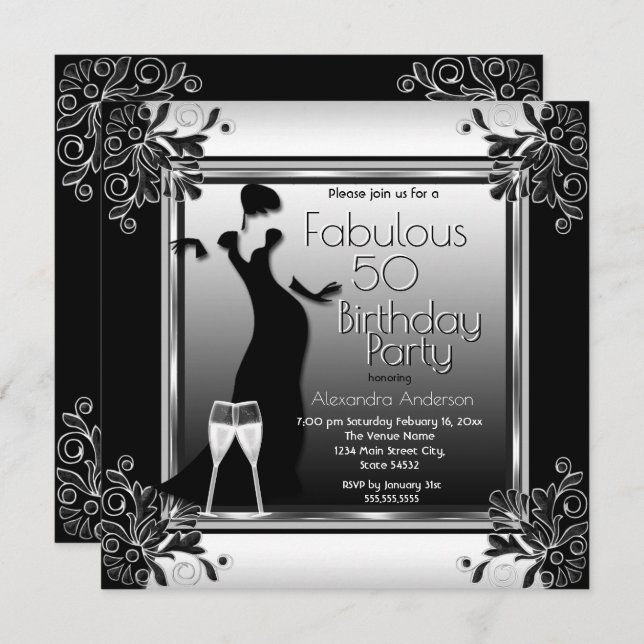 Art Deco Lady Black White Champagne Birthday Party Invitation (Front/Back)