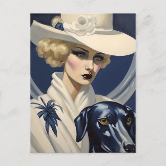 Art Deco Lady in White with Black Dog, Gatsby Era Postcard