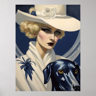 Art Deco Lady in White with Black Dog, Gatsby Era Poster