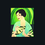 Art Deco Lady with a Fan in Jade Green Canvas Print<br><div class="desc">Canvas in a modern,  semi-abstract,  Art Deco portrait of a lady in a kimono,  holding a fan,  against a jade green abstract background</div>