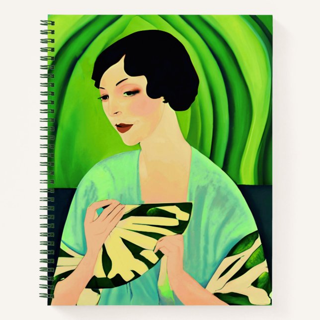 Art Deco Lady with a Fan in Jade Green Journal  (Front)