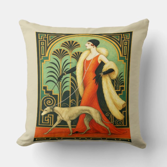 Art Deco Lady with Dog  Cushion (Front)