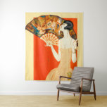 art deco lady with fan tapestry<br><div class="desc">The classic look of the 1920s! Bobbed hair, flat figure, dropped waist dress. Plus a hint of Near East motifs in the fan, in keeping with the wild interest in Egypt at the time, stemming from the decade’s earlier discovery of King Tut’s tomb. Our art deco lady looks marvellous on...</div>