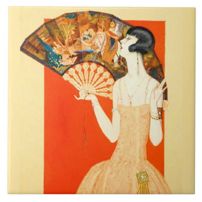 art deco lady with fan tile (Front)