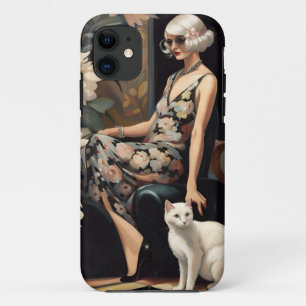 Art Deco, Lady with Floral Dress and Cat, Gatsby Case-Mate iPhone Case