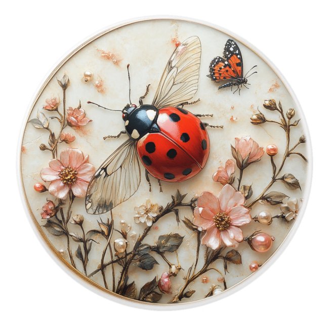 Art Deco Ladybug Flowers Butterfly  Ceramic Knob (Front)