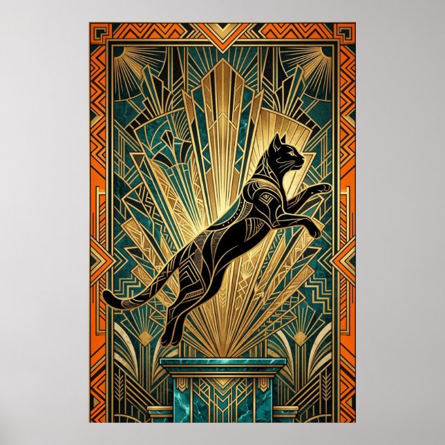 Art Deco Leaping Black Cat Wall Art (Front)