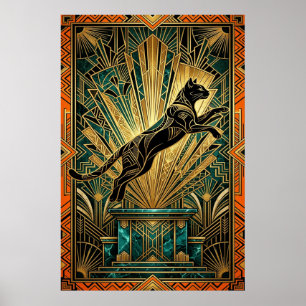 Art Deco Leaping Golden Lynx Wall Art