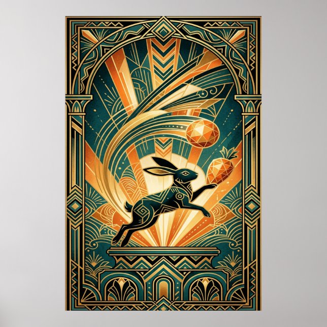Art Deco Leaping Rabbit Gold & Teal Art Poster (Front)