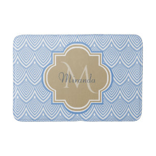 Art Deco Light Blue Fish Scales Tan Monogram Name Bath Mat