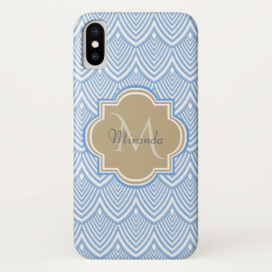 Art Deco Light Blue Fish Scales Tan Monogram Name iPhone X Case
