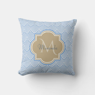 Art Deco Light Blue Fish Scales Tan Monogram Name Cushion