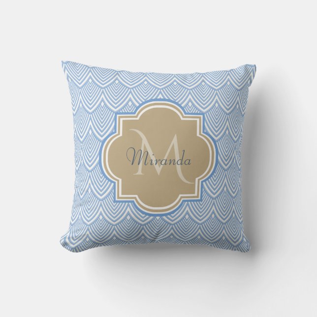 Art Deco Light Blue Fish Scales Tan Monogram Name Cushion (Front)