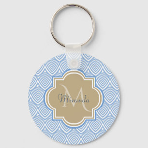 Art Deco Light Blue Fish Scales Tan Monogram Name Key Ring