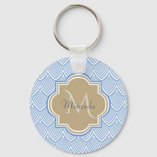 Art Deco Light Blue Fish Scales Tan Monogram Name Key Ring (Front)