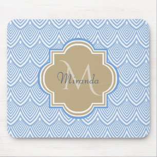 Art Deco Light Blue Fish Scales Tan Monogram Name Mouse Pad