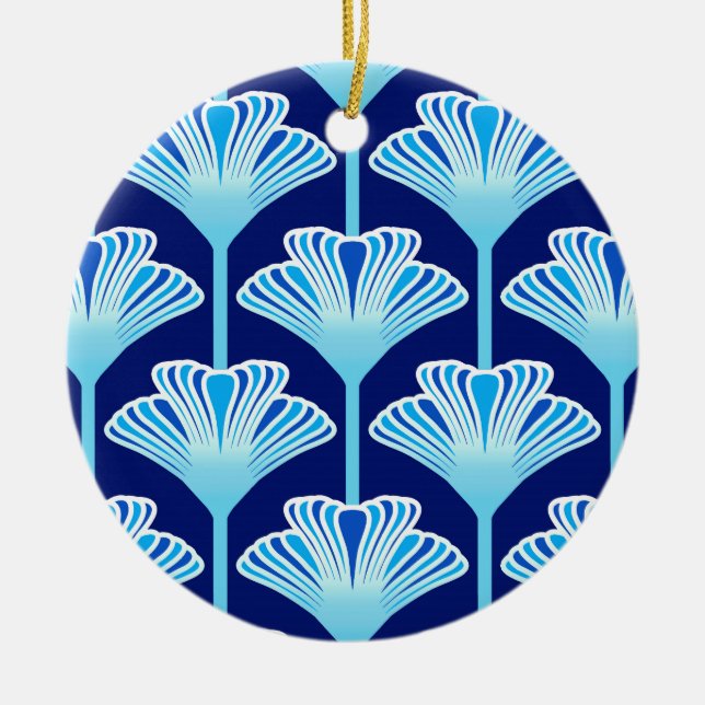 Art Deco Lily, Cobalt Blue, Aqua and White Ceramic Tree Decoration (Front)