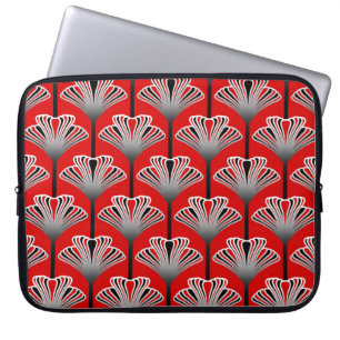 Art Deco Lily, Deep Red and Gray / Grey Laptop Sleeve