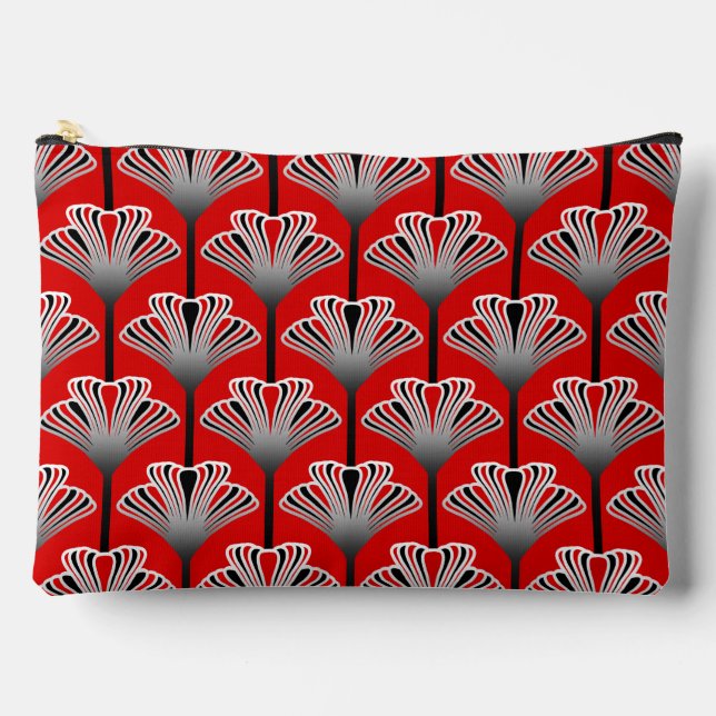 Art Deco Lily, Deep Red and Grey / Grey Accessory Pouch (Front)
