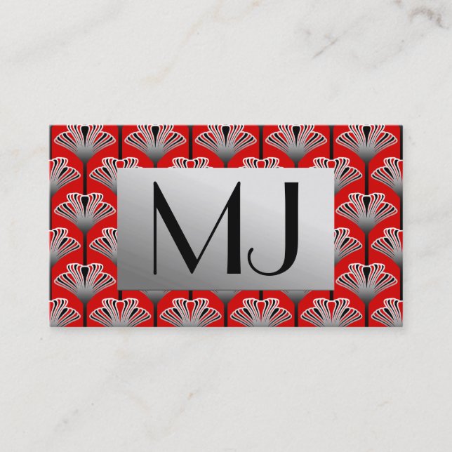 Art Deco Lily, Deep Red and Grey / Grey Business Card (Front)