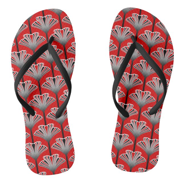 Art Deco Lily, Deep Red and Grey / Grey Jandals (Footbed)