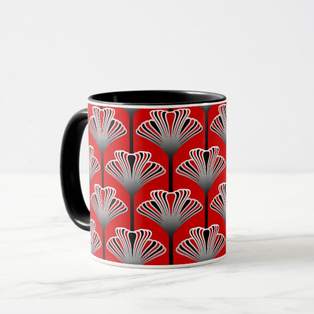 Art Deco Lily, Deep Red and Grey / Grey Mug (Front Left)