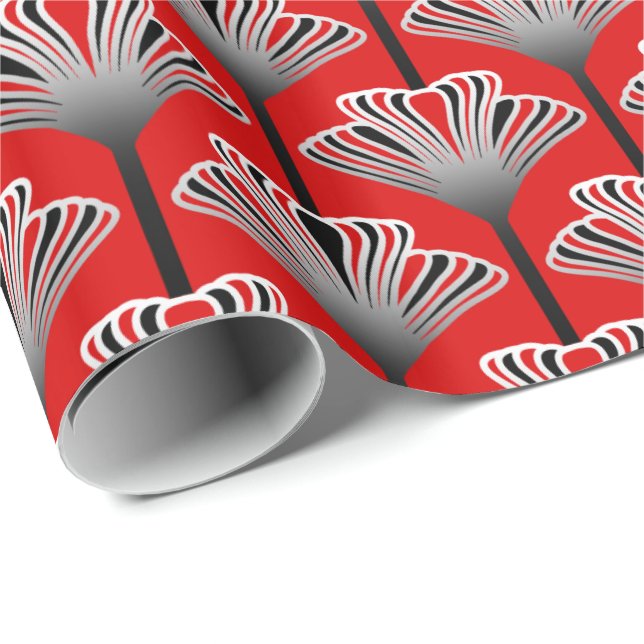 Art Deco Lily, Deep Red and Grey / Grey Wrapping Paper (Roll Corner)