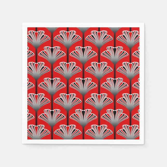 Art Deco Lily, Deep Red and Silver Grey / Grey Napkin (Front)