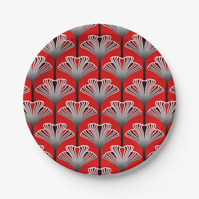 Art Deco Lily, Deep Red and Silver Grey / Grey Paper Plate (Front)