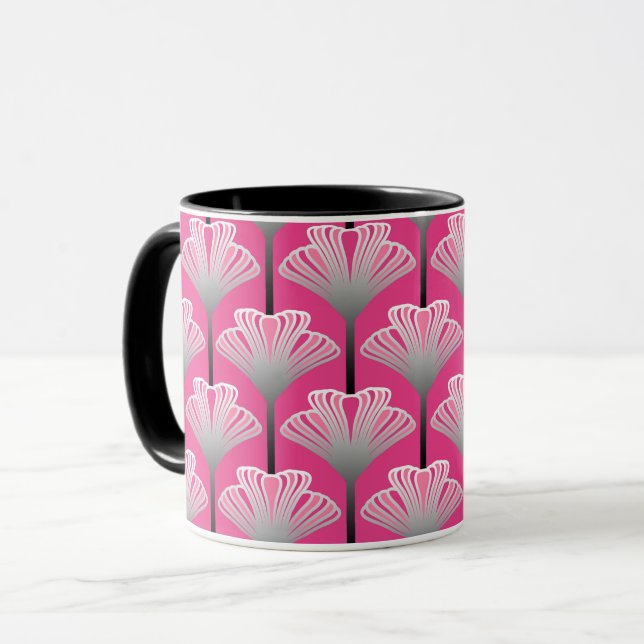 Art Deco Lily, Fuchsia Pink and Silver Grey Mug (Front Left)