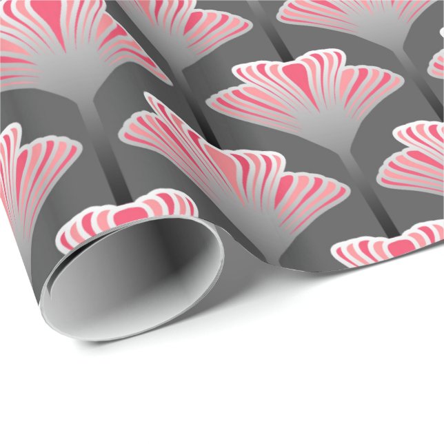 Art Deco Lily, Grey / Grey and Coral Pink Wrapping Paper (Roll Corner)